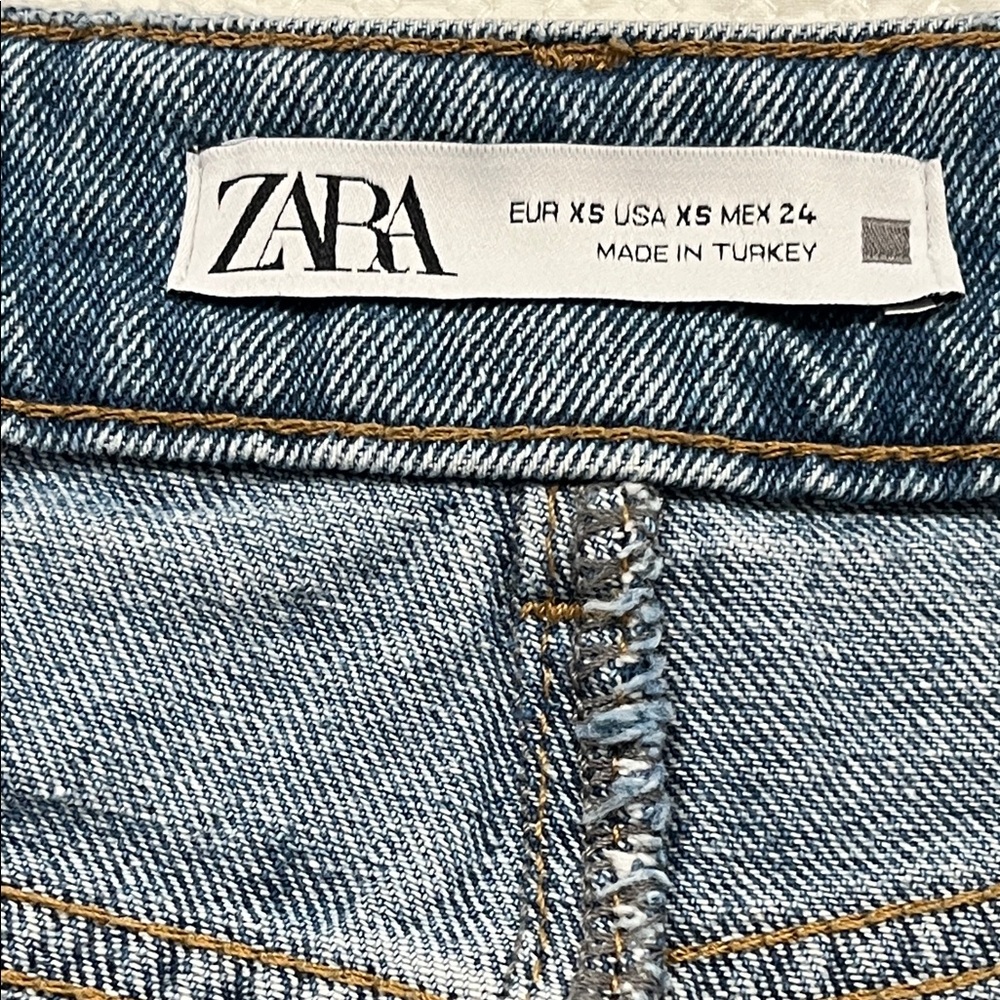 Zara High-Waisted Long Denim Skirt Front Slit Raw Hem sz XS - Picture 7 of 10
